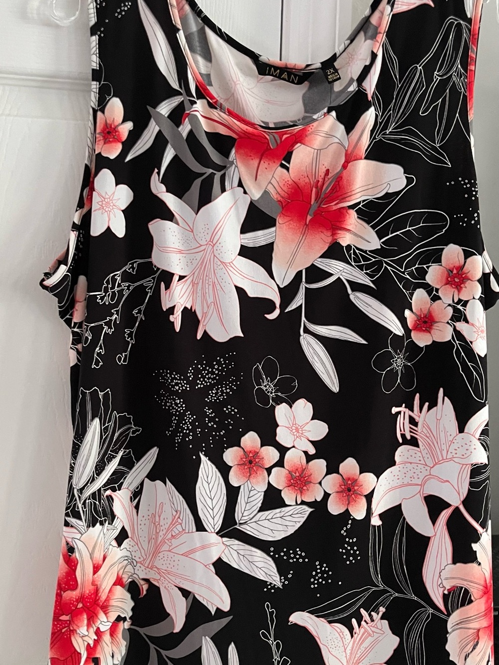 IMAN Black Floral Tank with Coral and White Blooms